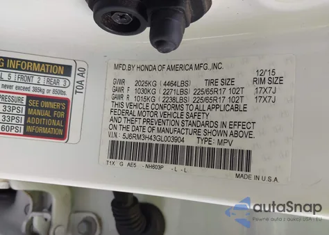 2016 Honda Cr-V Se from USA, damaged, VIN 5J6RM3H43GL003904